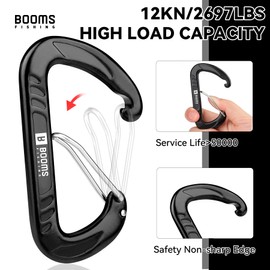 Booms Fishing Black Carabiner Clip: 3.1" Heavy Duty Carabiners 12kN/2697lbs Large Aluminum Carbiner for Keys Water Bottle Dog Leash Camping Hiking, Caribiner Keychain Hook Carbineers D Ring Clip 2PCS