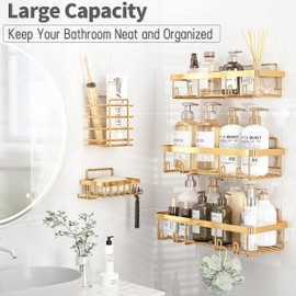 Liuoud 5 Pack Shower Caddy Organizer Rack Shelf for Inside Shower, Self Adhesive Wall Storage Basket Rustproof Stainless Steel Shampoo Holder Bathroom Accessory Decor Set, Gold