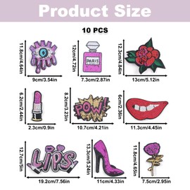 10PCS Lips High Heel Sequin Iron on Patches, Purple Lipstick Embroidered Applique Patch, Glitter Sew on Emblem, Embroidery Patches for Women Clothes Jeans Jacket Hats Bags DIY Sewing Craft Decoration