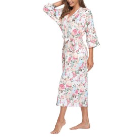 Women's Soft Robes Lightweight Kimono Loungewear Long Nightgown Knit Bathrobe Casual Sleepwear Pajamas with Pockets, Floral White Large