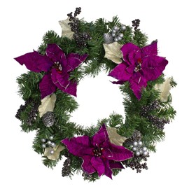 Northlight Purple Poinsettia and Silver Pine Cone Artificial Christmas Wreath - 24-Inch, Unlit