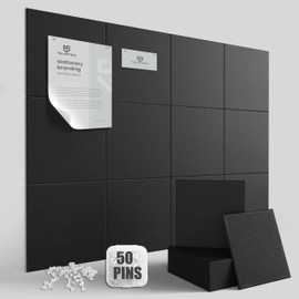 TSJOFFICE Large Cork Board for Wall - Bulletin Board 48" x 36" with 50 Pushpins for Office Decor, Pin Board 12 Pack Felt Wall Tiles with Safe Removable Adhesive Tabs, Corkboard for Home Office - Black