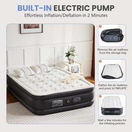 Queen 16" Inflatable Air Mattress with Built-in High Capacity Pump, Foldable Blow Up Mattress with Carrying Bag, Double Height, Non-Slip Bottom, 660 lbs Capacity for Home & Camping