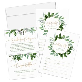Hat Acrobat Set of 25 Greenery Baby Shower Invitations, Diaper Raffle Tickets, Book Request Cards with Envelopes