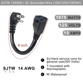KUNCAN Short Power Extension Cord - Low Profile Wall Head 6 Inch 14AWG/3C SJTW Heavy Duty Extension Cable for Indoor/Outdoor, 90-Degree Flat Plug 15A/125V 1875W NEMA 5-15P to NEMA 5-15R, Black 2-Pack