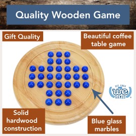 WE Games Solid Wood Marble Solitaire Game, Blue Glass Marbles, Wooden, Table Games, Home Decor, Great for Living Room Decor, Birthday Gifts, Coffee Table Game