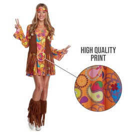 Morph Morph Hippie Damen Kleid, Damen Kostüm Hippie, Zeitreise Kostüm Damen, Schlagermove Outfit Damen, 70er Mottoparty, Hippie Kostüm Damen, Schlager Outfit Damen - XXL