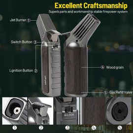 Kitchen Cooking Butane Torch Lighter with Safety Lock ，Lock Fire Function, Extra-Long Flame, Powerful and Adjustable, Refillable Multi-Functional Torch，BBQ, Baking, Welding (Butane Gas Not Included)