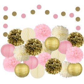 EpiqueOne 22-Piece Party Decoration Kit – Pink, Gold, Ivory Hanging Tissue Paper Pom Poms, Paper Lanterns, Honeycomb Balls, Garland – Birthday, Wedding, Bachelorette, Baby Shower – Easy to Assemble