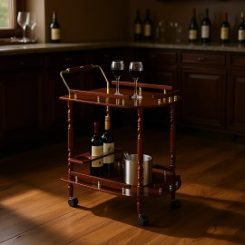 Merlot And Brass 2 Shelf Beverage Serving Cart Wood Classic Design With Wheels For Home Bar Usecolor: as Pic Color