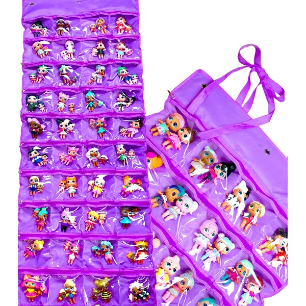 HOME4 LOL Toys Hanging Over The Door Storage Organizer Carrying Travel, 40 Clear View Pockets, Roll Up, for Small Dolls, Cars, Jewelry, Hair Accessories, Arts & Crafts, Bead, Sewing and More (Purple)