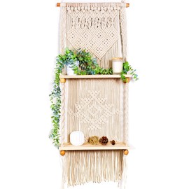 Induslyfe Macrame Wall Hanging Shelf 2 Tier Boho Wall Plant Hanger Shelves, Handmade of Woven Rope Boho Shelves Organizer for Living Room Bathroom Home Storage Floating Plant Rack Bohemian Decor