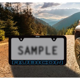 Jeep Rubicon UV Printed Black Plastic License Plate Frame (Blue Outline)