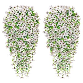 UXORSN 4 Pack Artificial Hanging Orchid Flowers for Outdoor UV Resistant Fake Hanging Plants Faux Flower Bouquet Trailing Vines for Home Garden Wall Porch Patio Wedding Party Decoration (4, White)