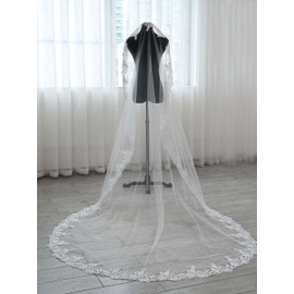 Aukmla Wedding Bridal Veils White Long Cathedral Chapel Length Veil with Lace and Metal Comb at the Edge (White)