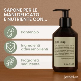 Jean & Len sapone per le mani timo e menta, deterge le mani stressate, adatto all'uso quotidiano, sapone liquido in dispenser a pompa, fragranza fresca e aromatica, vegan, 250 ml