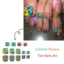 Summer Press on Toenails Colorful Flowers Fake Toenails Short Square False Toenails Glossy Glue on Toenails Full Cover Artificial Stick on Toenails Reusable Acrylic Toenails Kit for Women Girl 24Pcs