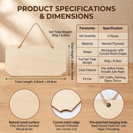 3 Pack Blank Wooden Signs,9.8 x 3.9 Inch Curved Notch Wood Signs