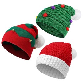 Forreen Adult Christmas Hat, Pack of 3, Santa Hat, Winter Knitted Santa Hat, Comfortable, Thick, Classic Pompom Hat for Festive Parties in the New Year