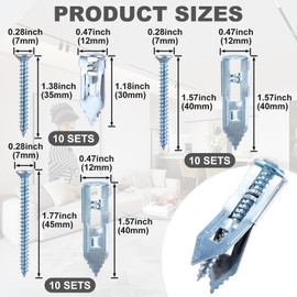 PAGOW 60 Pcs Self-Drilling Anchors, 3 Sizes Anchors and Screws for Heavy Duty, Metal Screw Anchors Kit, No Drill and Holes in Wall (Silver, 1.37"+1.57"+1.77")