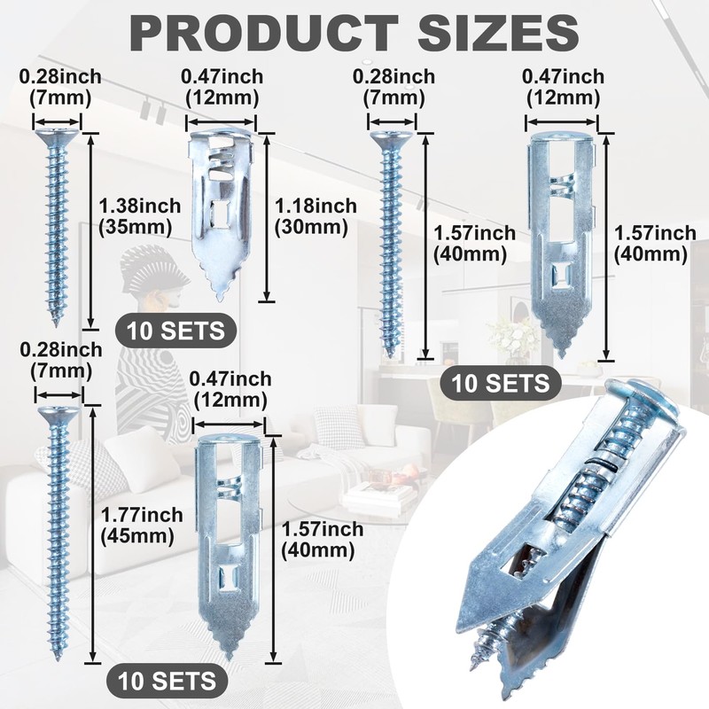 PAGOW 60 Pcs Self-Drilling Anchors, 3 Sizes Anchors and Screws