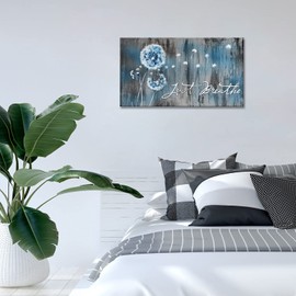 DuoBaorom Just Breathe Wall Art Large Blue and White Dandelion Flower Canvas Print Inspirational Quotes Artwork Home Office Decor 20x36inch