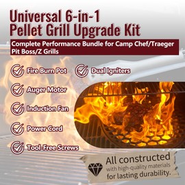 Universal PRO 6-in-1 Pellet Grill Upgrade Kit (2.0 RPM Auger Motor + Induction Fan + Fire Burn Pot + Dual Igniters + Power Cord) – Fits All Camp Chef Models, Most Traeger, Pit Boss, Z Grills & More