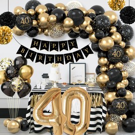 40th Birthday Decoration Men Women, 40th Birthday Woman Man, 40th Birthday Decoration Balloons Black Gold, Decoration 40th Birthday with Happy Birthday Banner, Pompoms for Woman Man 40th Birthday