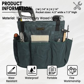 Heavy Duty Waxed Canvas Gardening Tote Bag - 14-Inch Water-Resistant Tool Organizer with 8 Pockets | Multi-Compartment Storage Solution for Pruning Shears, Gloves, and Small Tools (DarkGreen)