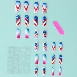 KTAABTR Independence Day Press on Long Square Nails Red White Blue Extra Long July 4th Patriotic Fake Nails Reusable Acrylic Nails for Women Girls DIY Holiday False Nail Decoration Supplies 24Pcs