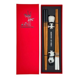 Sushi Chopsticks Set Panda 2 Pairs Including Ceramic Base Premium Wood Sustainable Japanese Chinese Korean Taiwanese