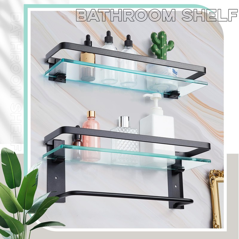 Suzile Set of 2 Glass Bathroom Shelves with Towel Bar,