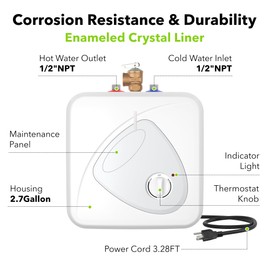 BN-LINK Under Sink Water Heater - 2.7 Gallon Mini-Tank Water Heater, Point of Use Demand for Instant Hot Water, 120V 1440W Compact Tank for Kitchen, Bathroom, Restaurant - Shelf, Wall, Floor Mounted