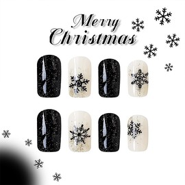 Medium Press on Nails Square Black White Fake Nails with Glitter Snowflakes Designs False Nails Glossy Winter Nail Tips Full Cover Glue on Nails Acrylic Stick on Nails for Women Girls 24PCS