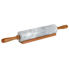 Home Basics White Marble Stone Rolling Pin with Easy Grip Wood Handles and Wooden Cradle Display Stand – Heavy & Solid for Baking Bakery Donuts Cookie Pasta Pie Dough Pastry Fondant Chefs