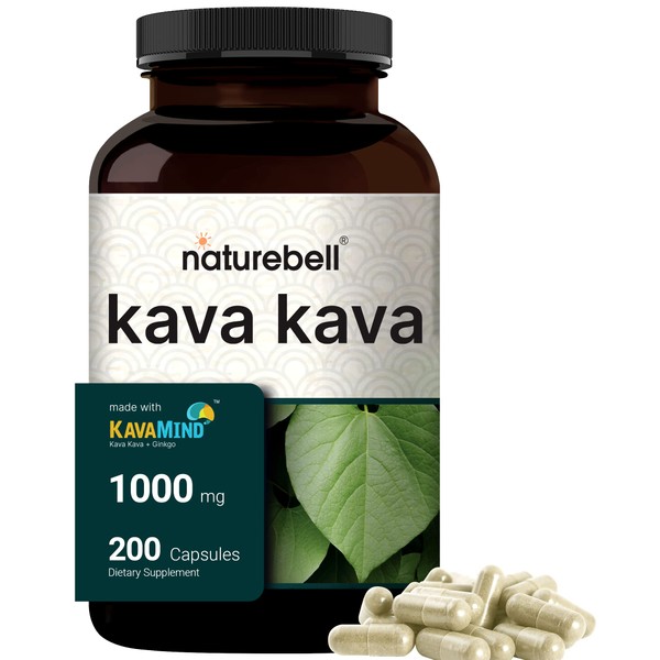 NatureBell Kava Kava Capsules 1000mg with Ginkgo Biloba, 200 Count | Noble Kava Root Extract with Active Kavalactones – Herbal KavaMind Relaxation Complex – Plant Based, Non-GMO