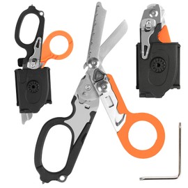 6 in 1 Emergency Response Shears Emergency Scissors Tool Stainless Steel Foldable Scissors Pliers with Strap Cutter and Glass Default (Black & Orange with Holster)