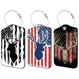American Hunting Deer Flag Luggage Tag for Suitcase 3 Pack Leather Luggage Tag with Privacy Flap Name ID Label and Metal Loop for Women Men Travel