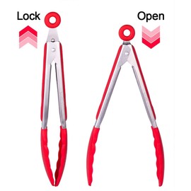 Uigos Kitchen Cooking Food Tongs Stainless Steel With Silicone Heads Locking Clip 2 Piece (9" & 12")
