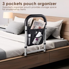 Bed Rails for Elderly Adults Assist Safety with Motion Light for Seniors Hand Bar Grab with Storage Pocket Patent Stabilizer with Fixing Strap, Support Up to 300lbs Grey