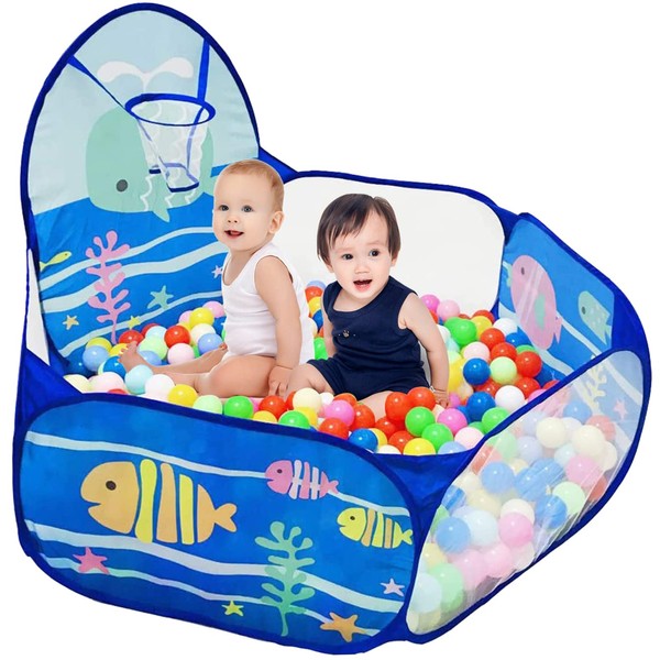 LOJETON Kids Ball Pit, Pop Up Children Play Tent, Toddler Ball Pool Baby Crawl Playpen with Basketball Hoop, Portable Toys Gifts for Girls Boys - Balls Not Included, 4ft/120cm, Ocean