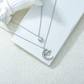 PROESS Saturn Moissanite Necklace for Women 925 Sterling Silver Layered Moon Saturn Pendant Planet Necklace Jewelry Presents