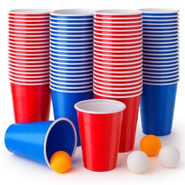 Coco Berming Red Blue Reusable Cups Set of 100, 500 ml Party Cups and 10 Table Tennis Balls, Drink Cups for Party, Camping, Birthday, Wedding, Festivals