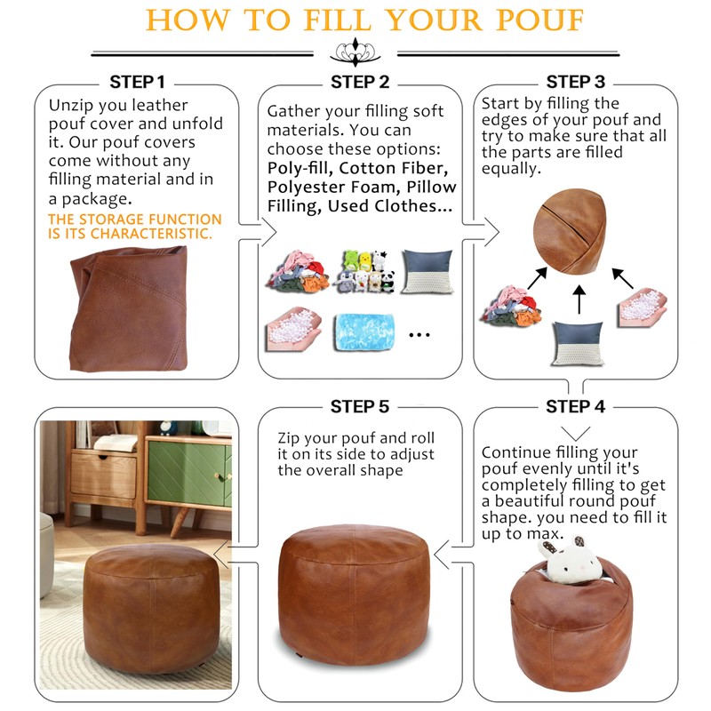 Thgonwid Unstuffed Faux Leather Pouf Cover, Handmade Footstool Ottoman Storage