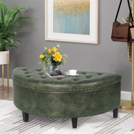 Joveco Storage Bench Half Moon PU Leather Button Tufted Ottoman for Bedroom Entryway Storage Room Organizer (Black Green)