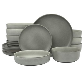 Gibson Soho Lounge Pasco 16 Piece (Service for 4) Plates and Bowls Double Bowl Reactive Glaze Dishes Stoneware Ceramic Dinnerware Set - Grey