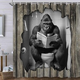 Funny Shower Curtain,Gorilla Sitting on Toilet Reading Newspaper - Rustic Animal Print Bath Curtain Waterproof Shower Curtains for Men, Wooden Teen Boys Humorous Bathroom Decor (12 Hooks Included)