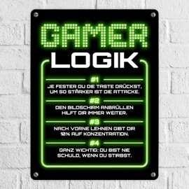 Gamer Logik Metal Sign in Green 15 x 20 cm as Cool Decoration for the Gaming Room of Boys and Girls Who Like to Daddle All the Time