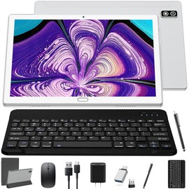 10 Inch Tablet Android 11 Tablets, 2 in 1 Tablet PC with 4+64/128GB Storage Octa-Core, Dual Sim Card Slots Tablet with Keyboard, 13MP Camera, 6000mAh Battery, GPS, Bluetooth, WiFi, Case Included - Color: Sliver