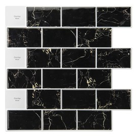 Art3d 10-Sheet Peel and Stick Subway Backsplash, 12 in. x 12in. Black Marble Design